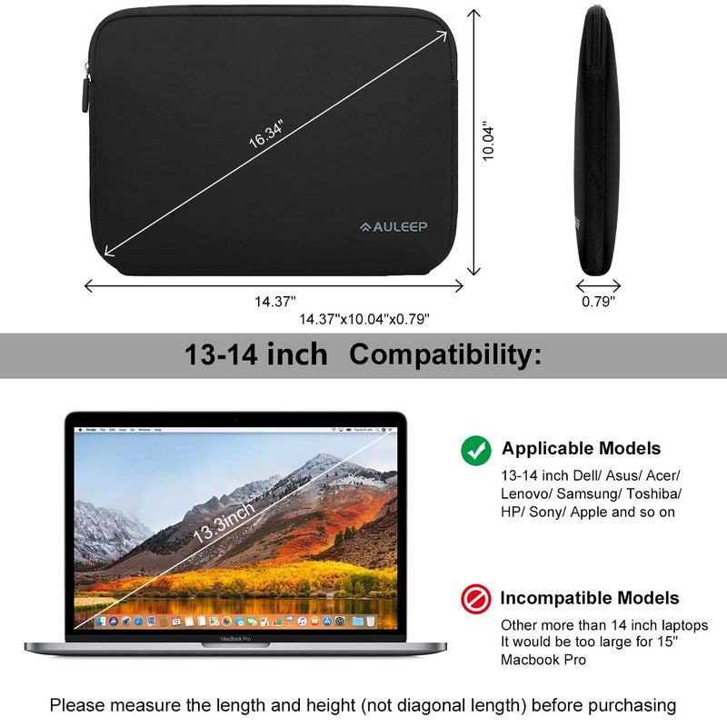 AULEEP 13-14 Inch Laptop Sleeves, Neoprene Water-Resistant Notebook Computer Pocket Tablet Chromebook Carrying Sleeve for MacBook Air/MacBook Pro 13-14 inch for HP/Dell/Lenovo/Asus/Acer, Black - Image 2
